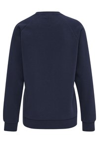 Sudadera de color azul marino, material de algodón, cuello redondo, mangas raglán largas, puños y dobladillo acanalados, textura lisa, vista trasera.