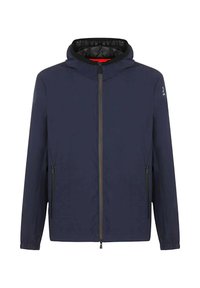 Giacca blu navy con cappuccio, zip frontale completa, due tasche laterali con zip e polsini elasticizzati, con un rivestimento interno a contrasto.