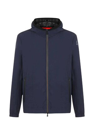 Giacca blu navy con cappuccio, zip frontale completa, due tasche laterali con zip e polsini elasticizzati, con un rivestimento interno a contrasto.