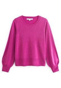 Pull en rose fluo avec un col rond, des manches longues en forme de ballon et des poignets et un ourlet côtelés, fabriqué à partir d'un tissu doux.