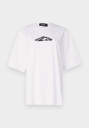 Valge puuvillane T-särk, millel on ümmargune kaelus, lühikesed varrukad ja must "ICON" logo trükiga rinnal. Sile tekstuur.