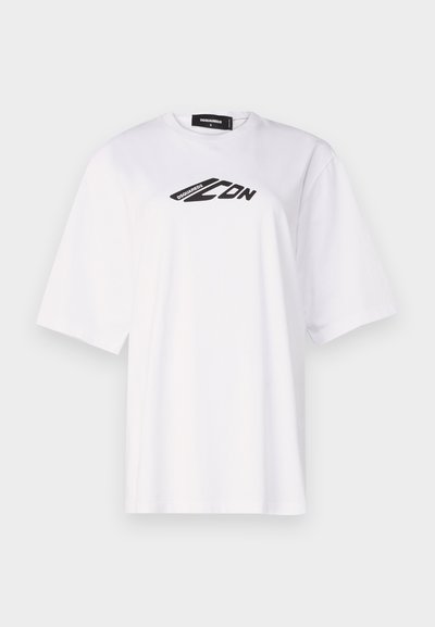 Weißes Baumwoll-T-Shirt mit Rundhalsausschnitt, kurzen Ärmeln und schwarzem "ICON"-Logo, das über der Brust aufgedruckt ist. Glatte Textur.