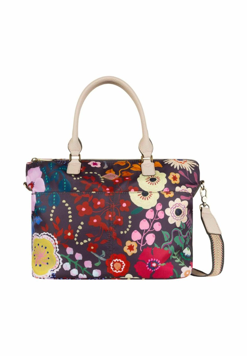 Rechteckige Handtasche mit beigen Griffen und Riemen, die ein buntes Blumenmuster auf einem dunklen Hintergrund mit verschiedenen Blütenarten und Akzenten zeigt.