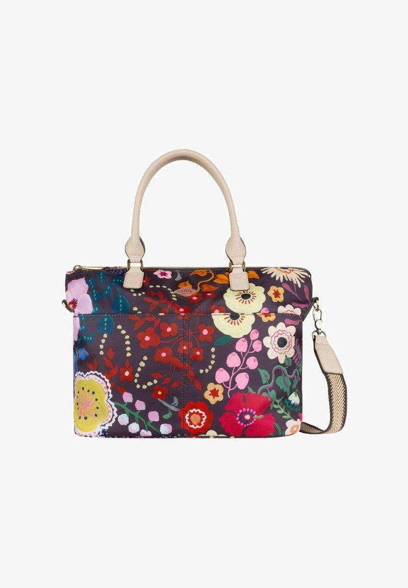 Rechteckige Handtasche mit beigen Griffen und Riemen, die ein buntes Blumenmuster auf einem dunklen Hintergrund mit verschiedenen Blütenarten und Akzenten zeigt.