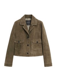 Braune, kurze Wildlederjacke mit weitem Kragen, langen Ärmeln, vorderen Knöpfen und zwei mit Knöpfen verschlossenen Klappentaschen.