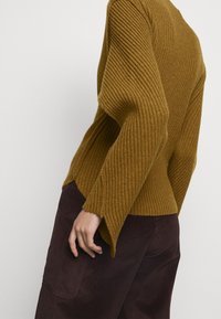 Siniväri ribattud kampsun pikkade varrukatega, puusade juurest kitsas ja laienevate mansettidega, koos tumedate pruuni pükstega.