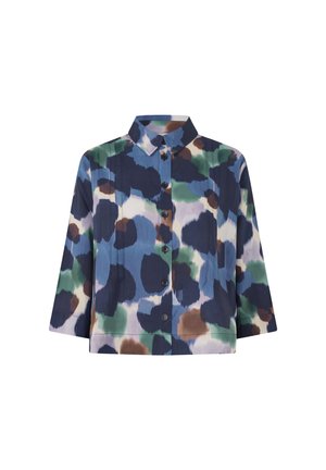 Hemdjacke mit weitem Kragen, 3/4-Ärmeln und abstrakten Farbflecken in Marineblau, Grün, Braun und Weiß.