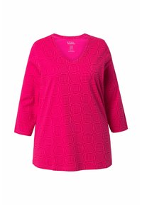 Fuchsia Baumwolloberteil mit Dreiviertelärmeln, V-Ausschnitt und einer strukturierten, kreisförmigen Struktur. Verfügt über einen geraden Saum und eine lockere Passform.