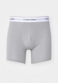 Boxer da uomo grigi realizzati in morbido cotone misto. Presentano un elastico bianco con strisce blu navy intermittenti e il logo "Calvin Klein" stampato.