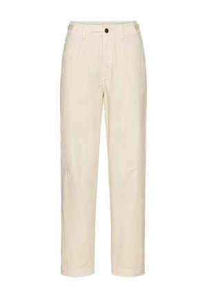 Beige Baumwollhosen mit lockerer Passform, ausgestattet mit einem Knopfverschluss, Seitentaschen und gestickten Details an den Beinen.