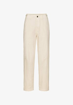 Beige katoenen broeken met een relaxte pasvorm, voorzien van een knoopsluiting, zijzakken en gestikte details op de benen.