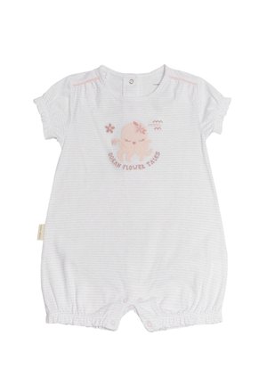 Jumpsuit de tirantes cortos, blanco a rayas con un diseño de pulpo rosa y el texto "CUENTOS DE FLORES DEL OCÉANO". Cuenta con cierres a presión y aberturas elásticas en las piernas.