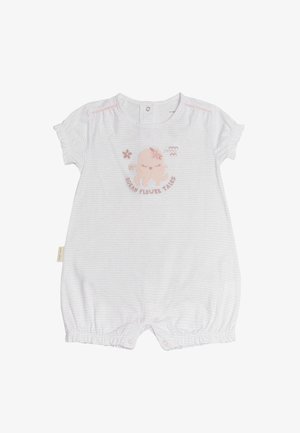 Jumpsuit de tirantes cortos, blanco a rayas con un diseño de pulpo rosa y el texto "CUENTOS DE FLORES DEL OCÉANO". Cuenta con cierres a presión y aberturas elásticas en las piernas.