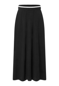 Zwarte midi-rok gemaakt van zachte stof, met een contrasterende witte gestreepte elastische tailleband en een vloeiende silhouet met een zoomlijn met uitsnijding.
