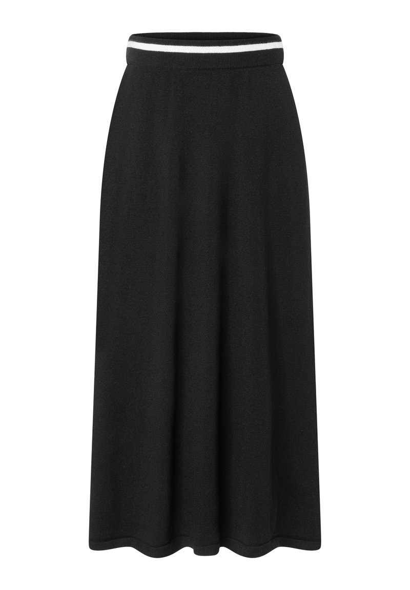Zwarte midi-rok gemaakt van zachte stof, met een contrasterende witte gestreepte elastische tailleband en een vloeiende silhouet met een zoomlijn met uitsnijding.