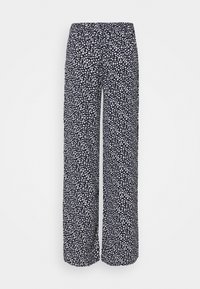 Pantalones de pierna ancha azul marino con un patrón abstracto de lunares blancos, hechos de una tela ligera con una cintura elástica para mayor comodidad.