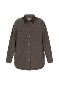 Giacca marrone con bottoni, colletto in corduroy marrone scuro, due tasche sul petto e due tasche laterali, maniche lunghe e orlo arrotondato.