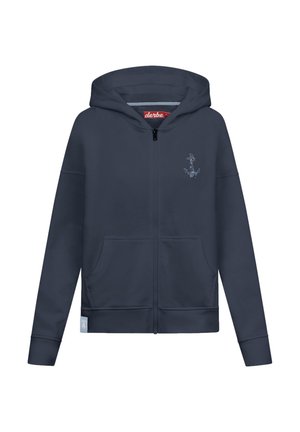 Navy Zip-Up Hoodie aus weichem Material; verfügt über eine Kapuze, zwei Fronttaschen und ein blauen Anker-Design auf der linken Brustseite.