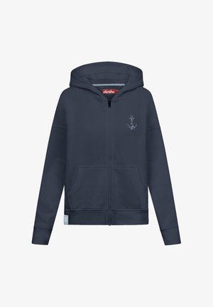 Navy Zip-Up Hoodie aus weichem Material; verfügt über eine Kapuze, zwei Fronttaschen und ein blauen Anker-Design auf der linken Brustseite.