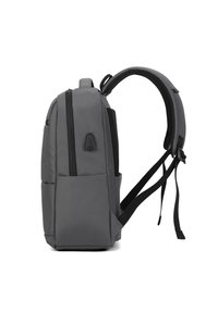 Zaino in tessuto grigio con spallacci imbottiti, diverse tasche con zip, dettagli in rete e una forma snella. Design compatto e funzionale.