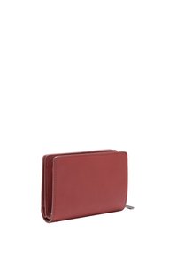 Red leather wallet with a smooth texture, compact rectangular shape, and visible stitching details on edges. Includes a small metal tag.
