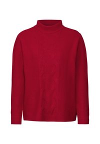 Maglione rosso a collo alto in maglia, con un motivo a treccia testurizzato lungo il centro e dettagli a coste sui polsini e sull'orlo.