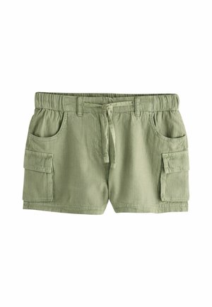 Hellgrüne Cargo-Shorts mit elastischem Bund, Kordelzug, Gürtelschlaufen, zwei Vordertaschen und zwei seitlichen Klappentaschen.