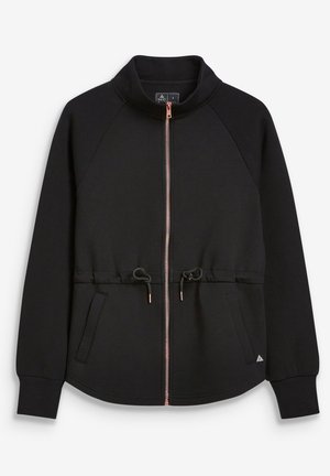 Schwarze Jacke mit Reißverschluss, Stehkragen, verstellbarem Kordelzug in der Taille, zwei Vordertaschen und langen Ärmeln mit gerippten Bündchen.