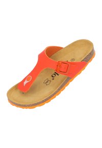 Orange flip-flop sandal med en slät, matt syntetisk rem, en korkfotbädd och en texturerad gummisula för grepp. Har justerbar spänne.