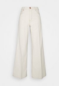Wide-leg beige jeans made of denim. High waist with a button closure and front pockets. Smooth texture with minimal stitching details.