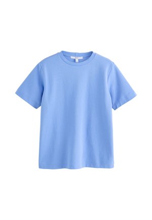 Tricou simplu din bumbac, albastru deschis, cu mâneci scurte și guler rotund, prezentat pe fundal alb, aplatizat.