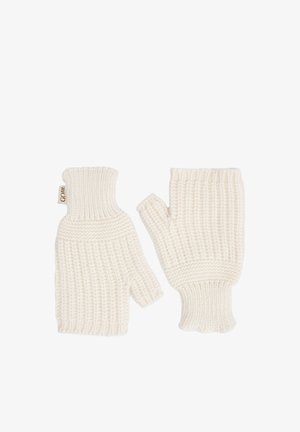 Cremafarbene gestrickte fingerlose Handschuhe mit sichtbarem Muster und einem kleinen Stoffetikett an einem Bündchen.