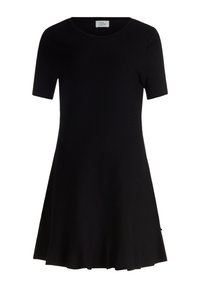 Schwarzes Kurzarmkleid mit taillierter Oberteil und schwingendem Rock. Aus einem glatten Stoff mit feiner Textur gefertigt, mit rundem Ausschnitt.