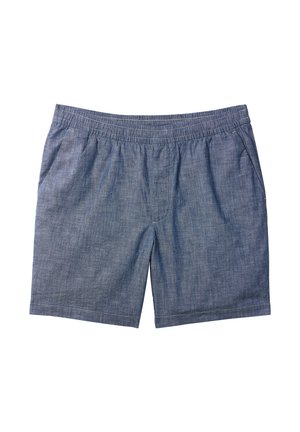 Blauwe shorts met elastische tailleband en zijzakken, gemaakt van lichtgewicht chambray-stof, plat gelegd op een witte achtergrond.