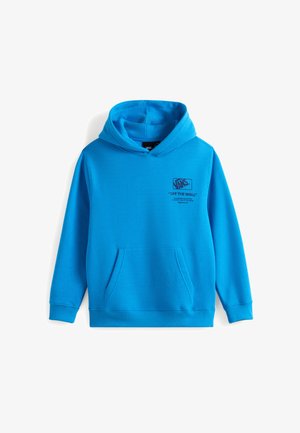 Sweatshirt à capuche bleu en matériau doux avec une poche frontale, arborant un logo graphique noir sur la poitrine gauche.