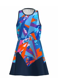 Mouwloze jurk met een geometrisch patroon in blauw, oranje en roze, met een effen donker marineblauwe basis en een aansluitende lijfje dat overgaat in een uitlopende rok.