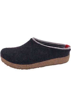 Black felt clog with grey lining, round toe, and cork sole. Features a small red accent at the heel. Smooth texture and slip-on design.