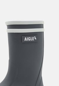 Botte en caoutchouc noire avec une bande d'accent grise en haut. Présente une surface texturée et une étiquette de logo blanche sur le côté.