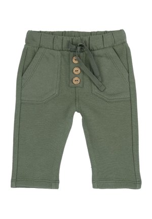 Pantaloni verdi in cotone con finitura texturizzata, vita elastica, cordoncino e tre bottoni in legno sul fronte. Presenta due tasche laterali.