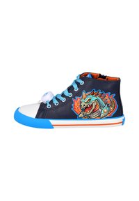 Zapatillas altas hechas de material sintético azul marino, con un gráfico colorido de un dinosaurio, cordones turquesa y una puntera blanca.