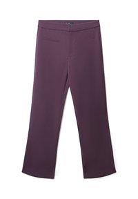 Pantaloni viola realizzati in un tessuto morbido, con vita aderente, gambe diritte e tasche posteriori. Dettagli di cucitura sottili lungo le cuciture.