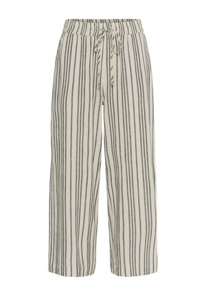 Pantalons légers, amples et de couleur blanc cassé avec des rayures verticales noires. Dotés d'une taille à cordon de serrage et de jambes larges pour le confort.