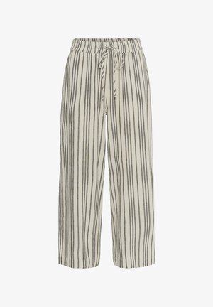 Losse, lichte broek in off-white met zwarte verticale strepen. Voorzien van een taillekoord en wijde benen voor extra comfort.