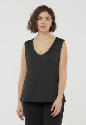 Top nero senza maniche con scollatura a V e una texture del tessuto liscia. Presenta una vestibilità leggermente ampia per il comfort.