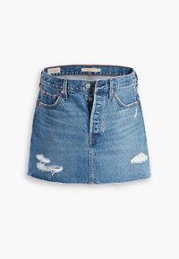 Ljusblå denimminikjol med fransad fåll, slitna detaljer, knapp- och dragkedjestängning samt klassisk femficksdesign.