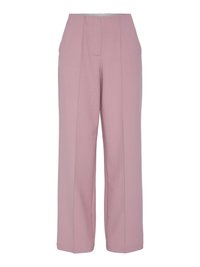 Brede broekspijpen van zacht roze stof met voorplooien, een hoge taille en een gladde afwerking zonder zichtbare hardware.