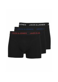 Schwarze Baumwollboxershorts im Dreierpack. Mit elastischen Taillenbündchen und dem „JACK & JONES“-Logo in Weiß, Blau und Rot.