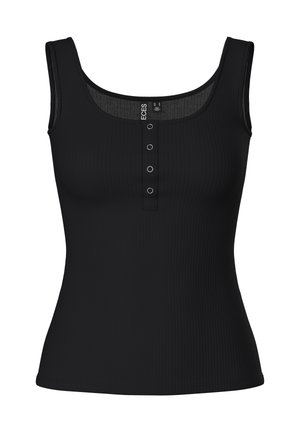 Black ribbed tank top with a scoop neckline, featuring a button placket with three metal buttons, made of a soft, stretchy fabric.