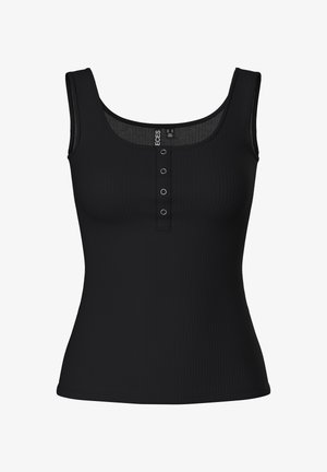 Čierny rebrovaný top bez rukávov so zaobleným výstrihom, s gombíkovou légou a tromi kovovými gombíkmi, vyrobený z mäkkého a elastického materiálu.