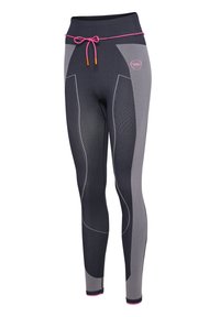 Hoge taille leggings met een combinatie van donkerblauwe en grijze materialen, textuuraccenten en een roze trekkoord voor aanpassing.